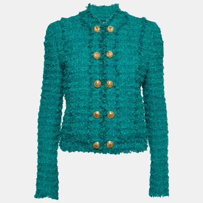 Pre-owned Balmain Teal Button Embellished Tweed Jacket M In Green
