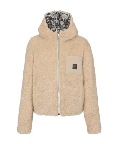 Balmain Hooded Jacket With Straight Hem And High Collar In Beige