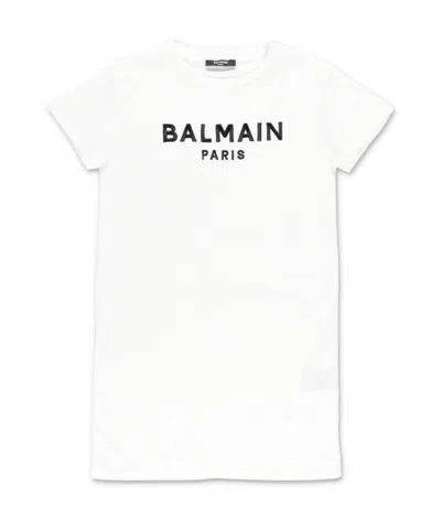 Balmain Teen Logo Print T-shirt Dress In White