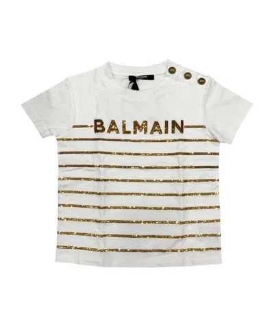 Balmain Teen Logo Sequin-stripe T-shirt In White