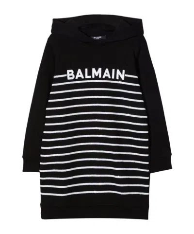 Balmain Teen Striped Logo-embroidered Hoodie Dress In Black