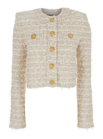 Balmain Cropped Tweed Jacket In Neutral