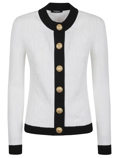 Balmain Textured Knit Sweater With Gold-tone Accents In Gray
