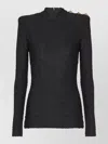 Balmain Ls Bouclette Monogram-pattern Button Top In Black