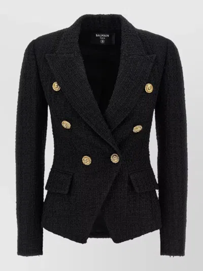 Balmain Textured Tweed Blazer Double Breasted Buttons In Black