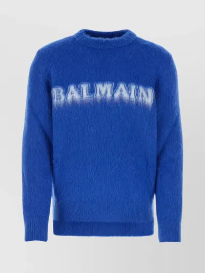 Balmain Electric Blue Wool Blend Sweater In Animal Print