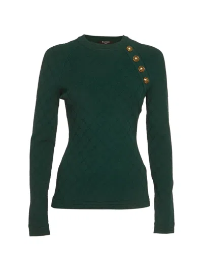 Pre-owned Balmain Textured-knit Button-detail Sweater In Green