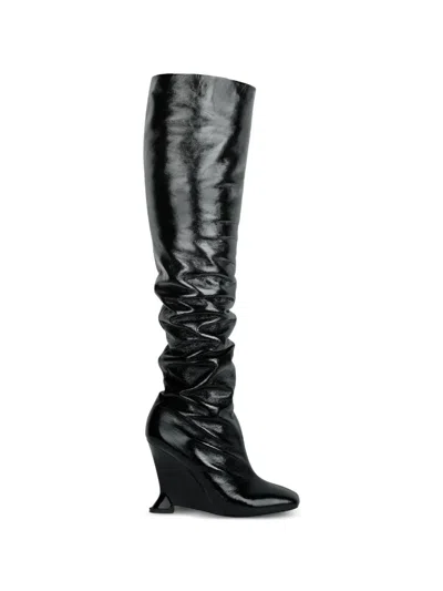 Balmain Thigh-high Wedge Boots In Crinkled Patent Leather In Black