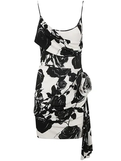 Balmain Thin Strap Rose Print Draped Short Dress In Gab Gab Blanc Noir