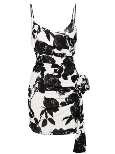 Balmain Draped Rose Print Mini Dress In White