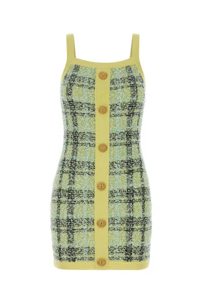 Balmain Thin Straps Shiny Light Tweed Dress In Green