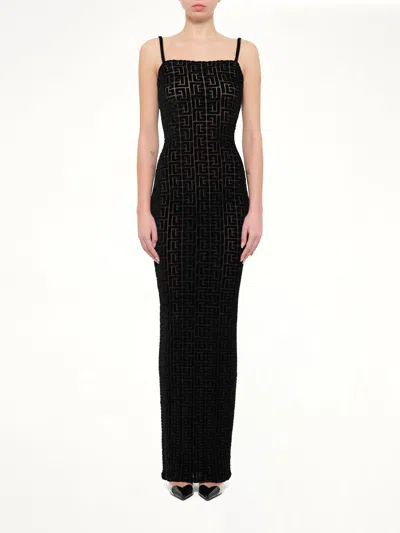 Balmain Thin Straps Velvet Monogram Long Dress In Black