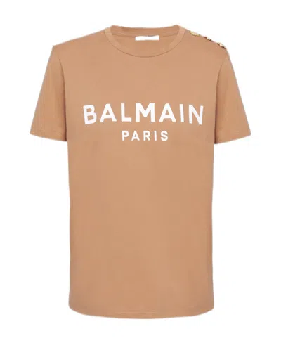 Balmain Three-buttons-logo-print T-shirt In Nude