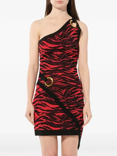 Balmain Tiger-print One-shoulder Dress In Red