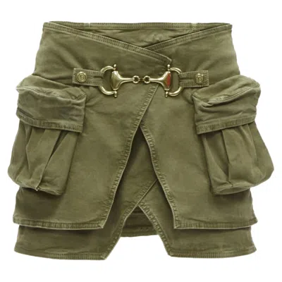 Balmain Tone Horsebbuckle Distressed Cargo Mini Skirt In Green