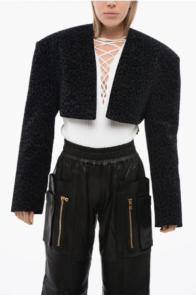 Balmain Tone-on-tone Animalier Cropped Blazer In Black