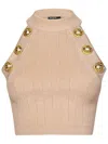 Balmain Ribbed Halter Neck Top With Gold Buttons In Black