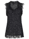 Balmain Embroidered Polka Dot Tweed Sleeveless Top With Fringes In Black