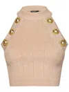 Balmain Ribbed Halter Neck Top With Gold Buttons In Black
