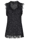 Balmain Embroidered Polka Dot Tweed Sleeveless Top With Fringes In Black