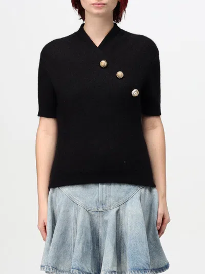 Balmain Women's Short Sleeve Buttoned Cross Collar Top In Black