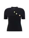 Balmain Wool Blend Top With V-neckline And Gold Metal Accents In Black