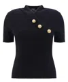 Balmain Wool Blend Top With V-neckline And Gold Metal Accents In Black
