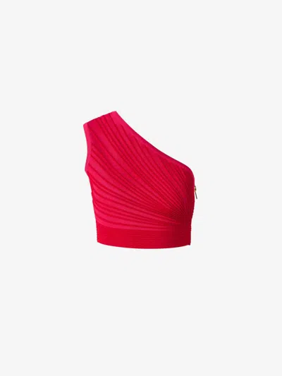 Balmain One-shoulder Ruched Cropped Top In Red