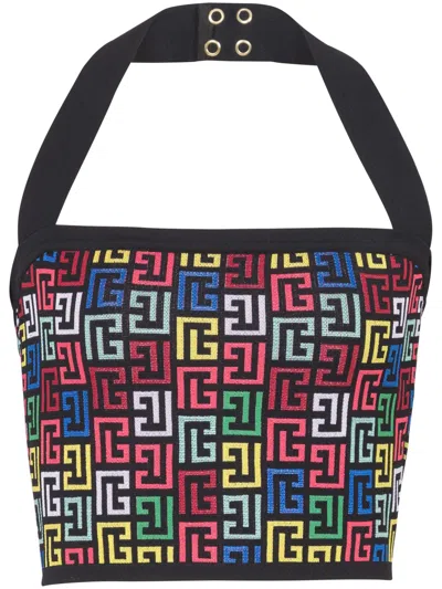 Balmain Halterneck Top In Pop Monogram Knit In Multi