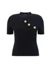 Balmain Wool Blend Top With V-neckline And Gold Metal Accents In Noir