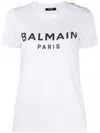 Balmain White Crewneck T-shirt With Logo Print And Golden Buttons In Jersey Woman In White