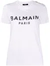 Balmain White Crewneck T-shirt With Logo Print And Golden Buttons In Jersey Woman In White