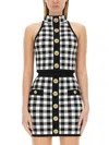 Balmain Cropped Button-embellished Gingham Knitted Top