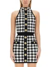 Balmain Cropped Button-embellished Gingham Knitted Top
