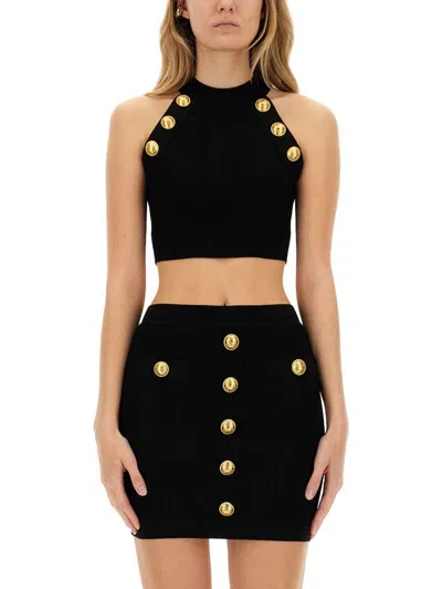 Balmain Cropped Black Top With Ribbed Texture