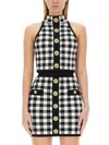 Balmain Cropped Button-embellished Gingham Knitted Top In Multicolour