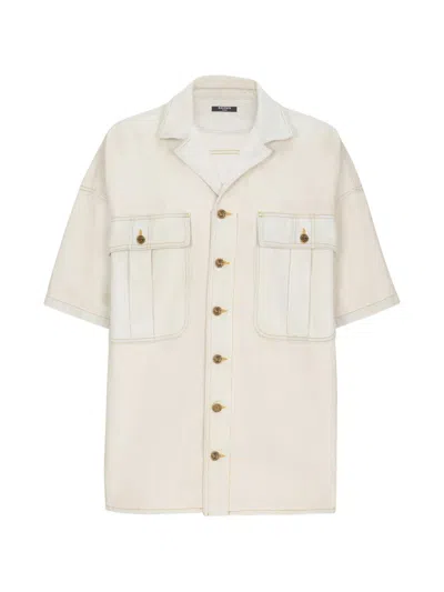Balmain Topstitched Short-sleeve Shirt In White
