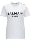 Balmain White Crewneck T-shirt With Logo Print And Golden Buttons In Jersey Woman In Multicolor