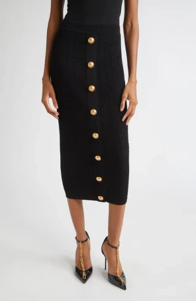 Balmain Torsade Button Detail Rib Cable Knit Midi Skirt