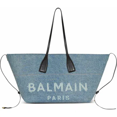 Balmain Track Denim Tote Bag In Blue