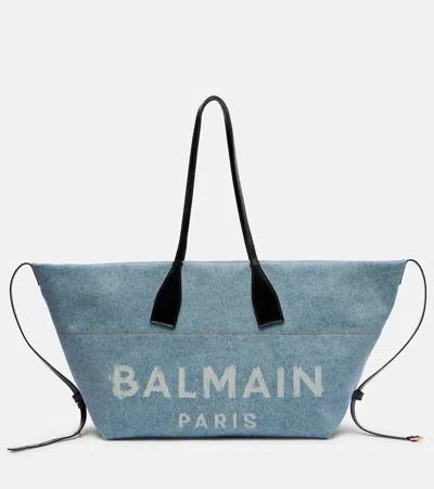 Balmain Track Leather-trimmed Denim Tote Bag In Blue