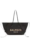 Balmain Track Tote Bag In Raffia And Calfskin In Black