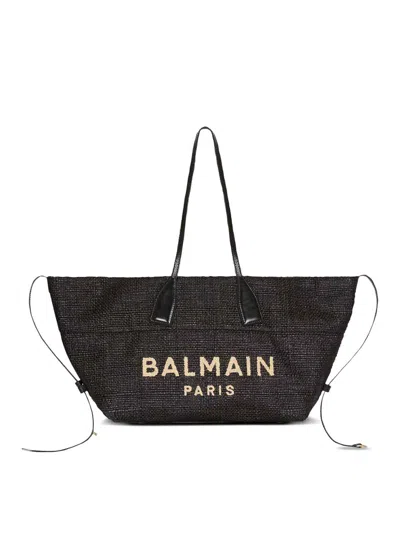 Balmain Track Raffia Tote In Black