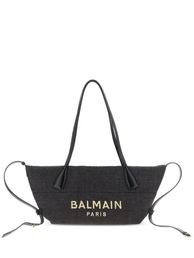 Balmain Track Small Rafia Tote In Black