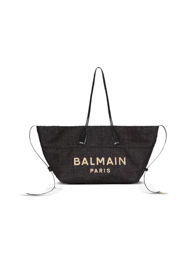 Balmain Track Tote Bag In Raffia And Calfskin In Black