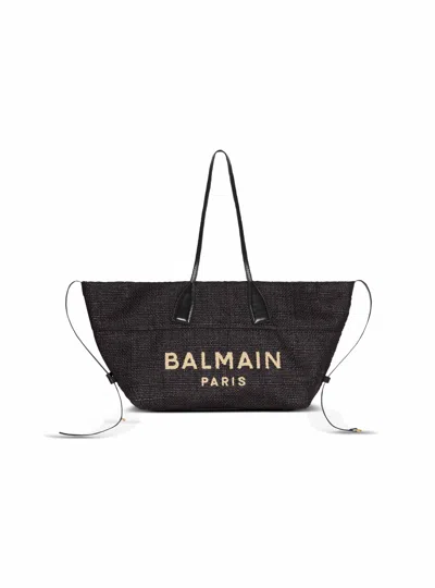 BALMAIN TRACK TOTE BAG IN RAFFIA AND CALFSKIN