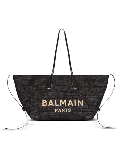 Balmain Women Track Shoulder Bag In Leather And Raffia In Black