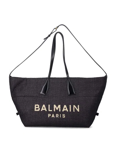 Balmain Track Tote Raffia Medium In Black