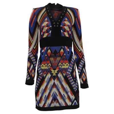 Pre-owned Balmain Tribal-patterned Lace Up Mini Dress In Multicolor Viscose In Black