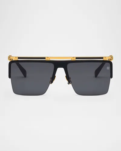 Balmain Triomphe Rectangle Sunglasses In Black Gold